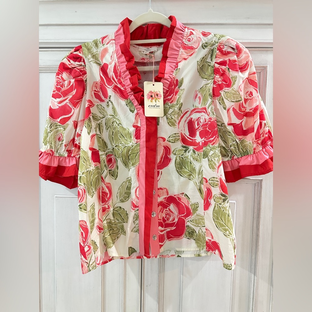 Entro Floral Puff Sleeve Button-Front Blouse in Red, Green, White